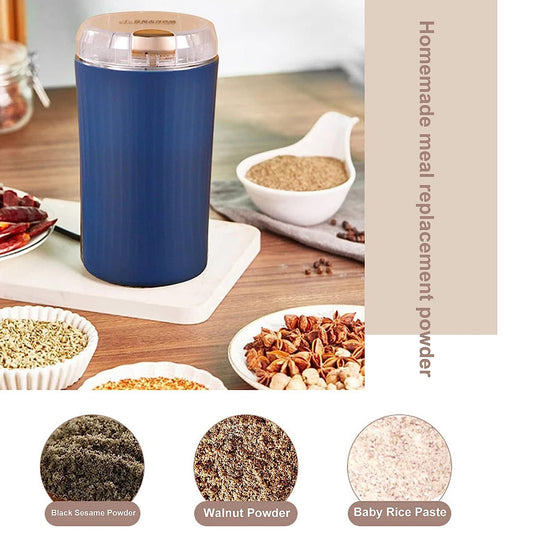 Mini electric grinder grinding coffee beans – close-up of grinding action