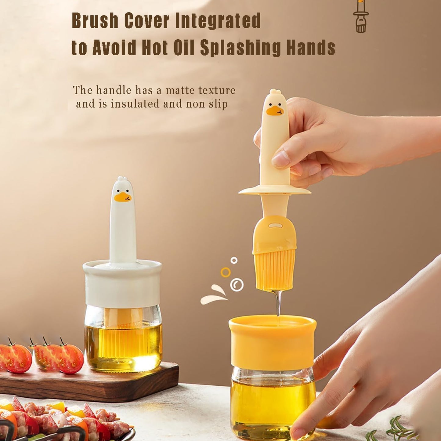 2-in-1 oil bottle and brush set in use on kitchen counter – compact space-saving design
