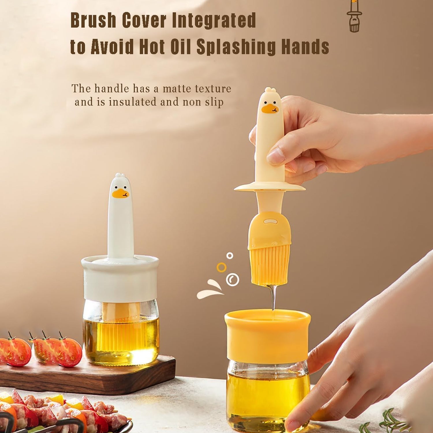 2-in-1 oil bottle and brush set in use on kitchen counter – compact space-saving design